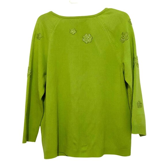 Vintage Beaded Womens Cardigan L Green Preppy Floral Spring Fall Mature Flaws - Picture 3 of 6